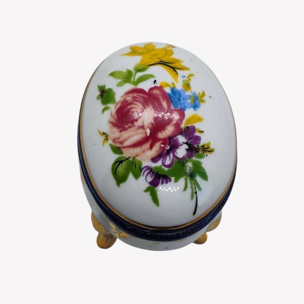 Vtg Limoges Style Porcelain Floral Painted Trinket Box Oval Egg Royal Blue Gold